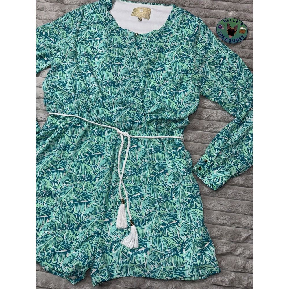 Lauren James XL Green Tropical Print Lined Mock Wrap Front Romper Beach Vacation